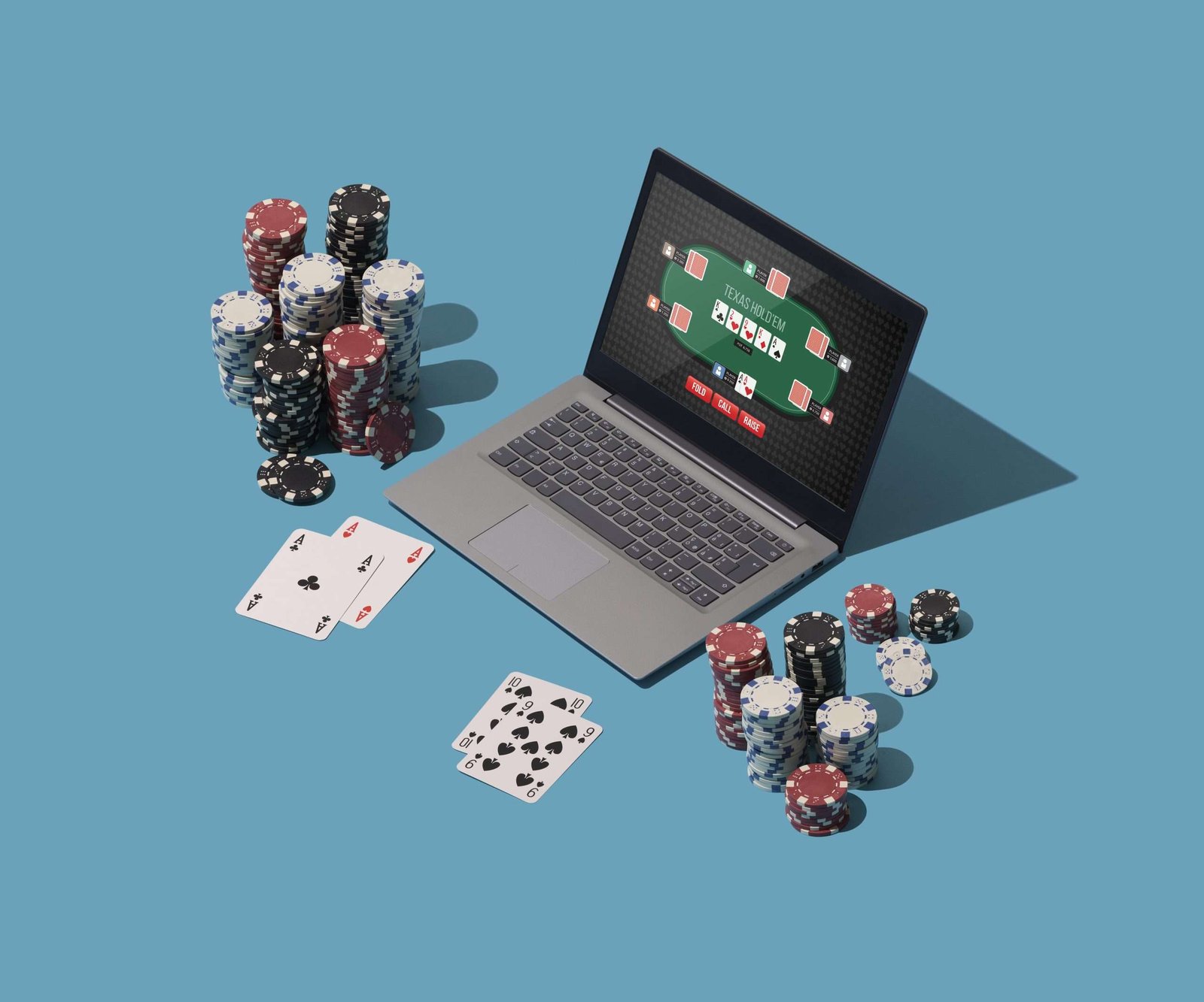 laptop fichas y cartas de poker